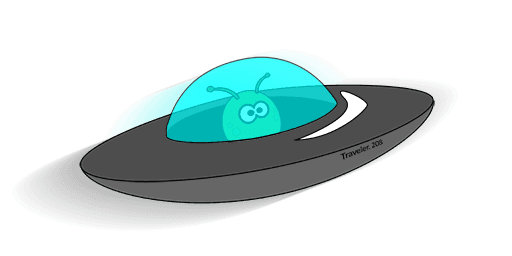 A curious alien flying a little silver spaceship